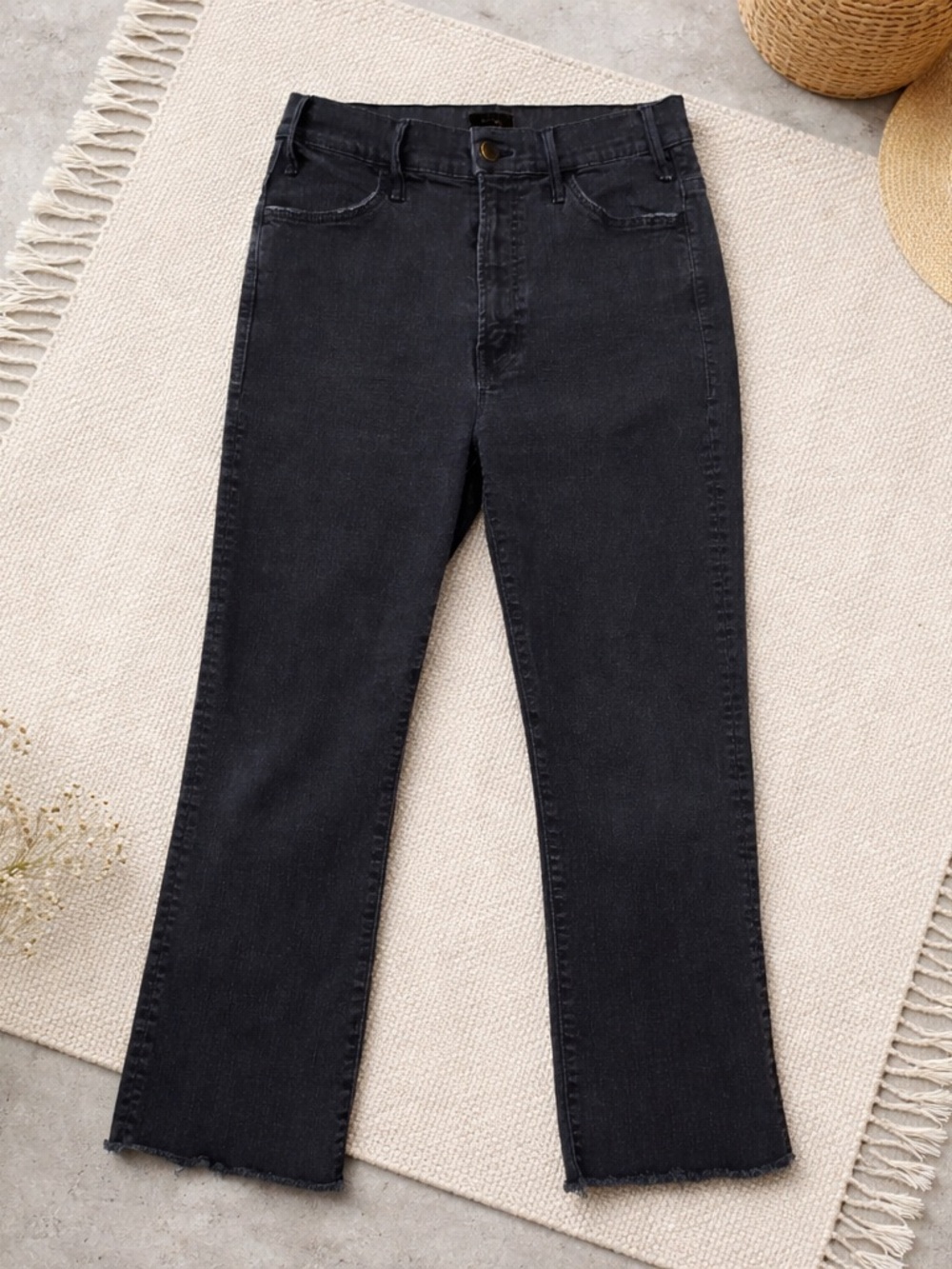 MOTHER Black Cropped High-Rise Jeans. The Hustler Ankle Fray